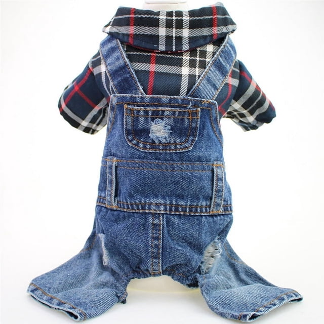Ropa para mascotas Teddy bear dog mono de mezclilla a cuadros grande de cuatro patas primavera, otoño e invierno