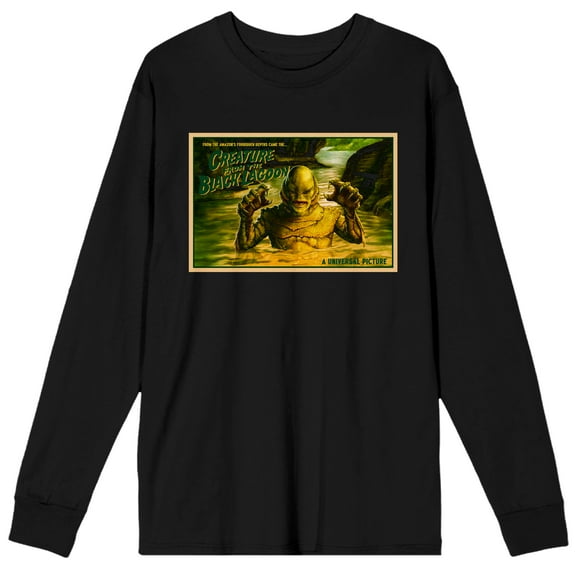 Universal Monsters Creature From The Black Lagoon In Frame Crew Neck Long Sleeve Black Adult Tee-Medium