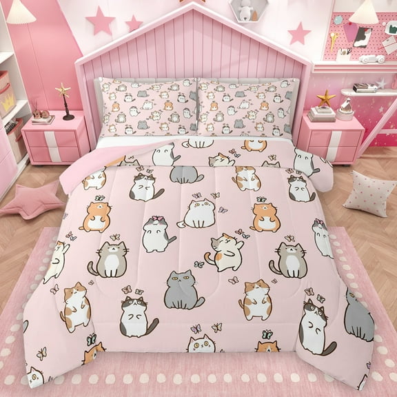 Homewish Kawaii Cat Kitten Bedding Comforter Set, Cute Cartoon Animal Lover Twin Comforter Sets, Teens Kids Girls Reversible Bedding Set, Super Cozy Room Decor, 2 Pieces
