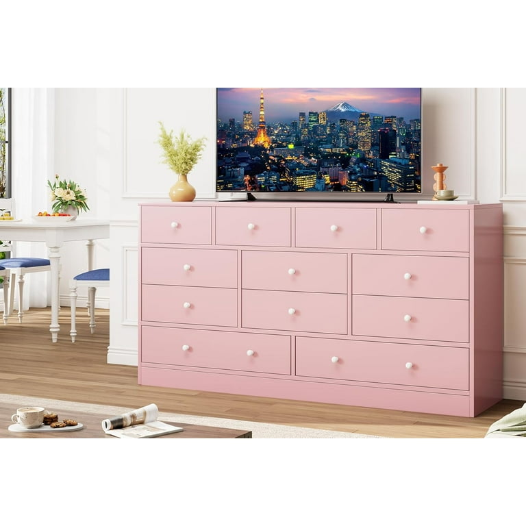 12 Drawer Pink Dresser for Bedroom - 61" Modern Wooden Chest of Drawers  with Charging Station - Large Storage Organizer, TV Stand - Nursery, Kids,  ...