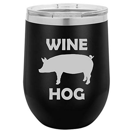 

12 oz Double Wall Vacuum Insulated Stainless Steel Stemless Wine Tumbler Glass Coffee Travel Mug With Lid Wine Hog Pig Funny (Black)