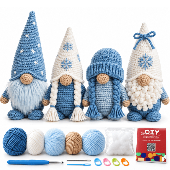 WovWov Crochet Kit for Beginners, 4Pcs Winter Gnome Beginners Knitting Kits – Includes Step-by-Step Video Tutorials and Extra 35% Yarn all accessories