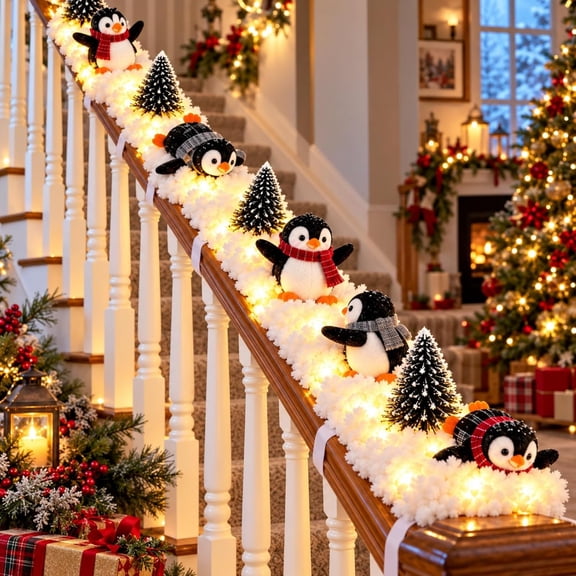 Clearance Penguin Christmas Stair Snow Decor with Warm Glow Lighted Xmas Figurine Decor for Home