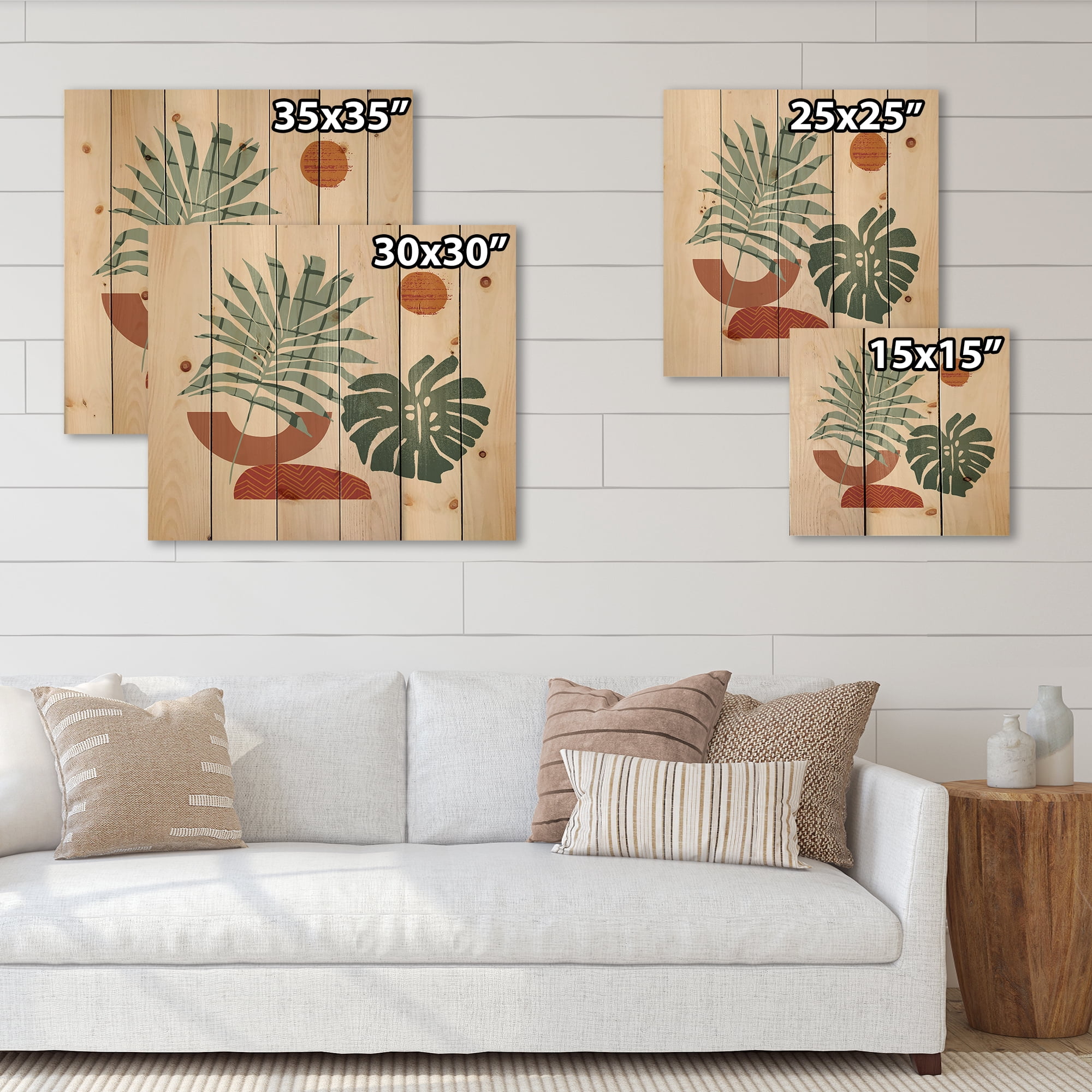 Designart 'Sun and Moon Shapes In Retro Green & Terracotta Tone' Modern Print on Natural Pine Wood