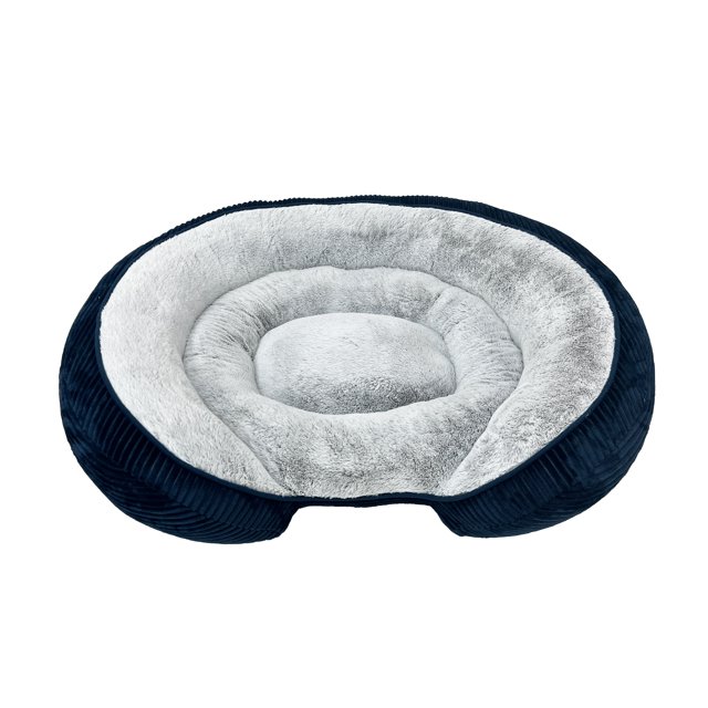 Vibrant Life Lit Ovale de 38 Po pour Chien avec une Grande Forme Ovale, Coussin Intérieur en Peluche Gris Pâle et Traversin à Texture Velours Côtelé Bleu Marine Foncé, Doté d'Une Housse Lavable à la Machine et d'Un design de Traversin de Soutien Idéal pour les Animaux Qui Aiment Reposer la Tête pendant la Sieste.