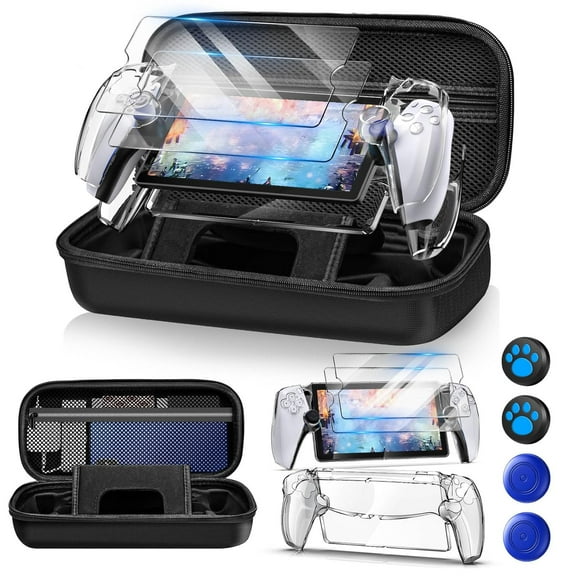 12 in 1 Accessories Set for Playstation Portal Remote Player, Hard Carrying Case for PS Portal with Clear Skin Case for PS5 Portal, 2 Screen Protector with 4 Thumb Grip, Carbon Black