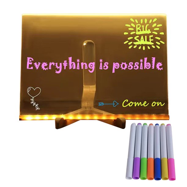 Tablero de notas LED transparente, tablero de dibujo acrílico con 7 bolígrafos de luz de colores (20*20 cm)