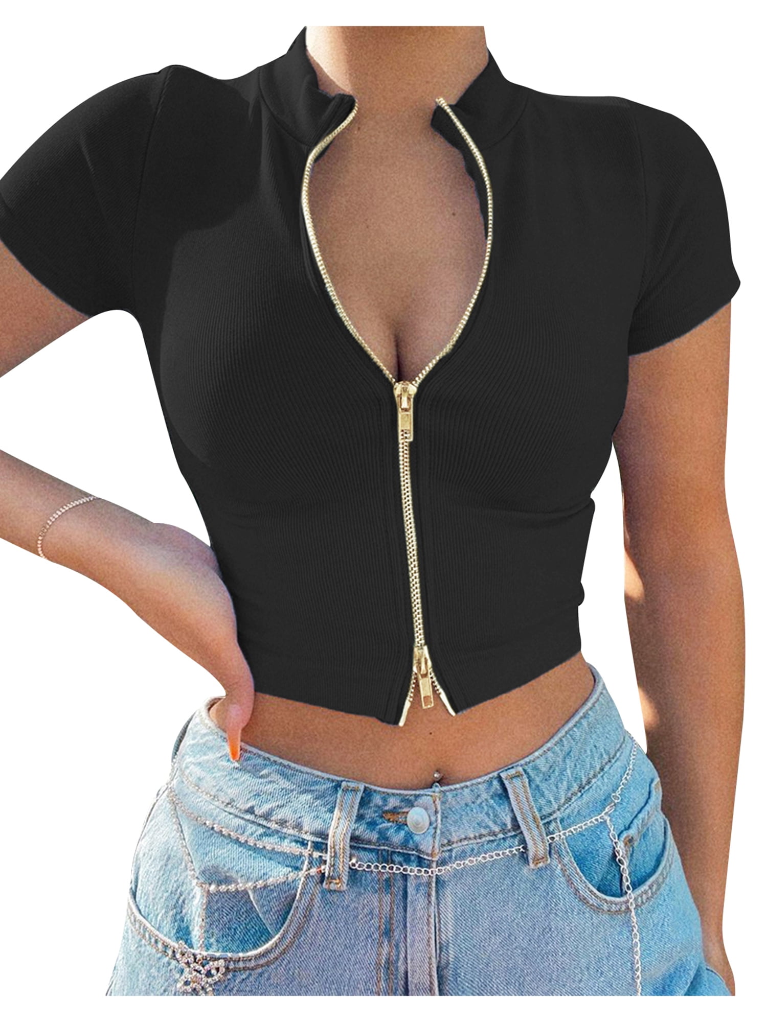 zip up rib knit crop top