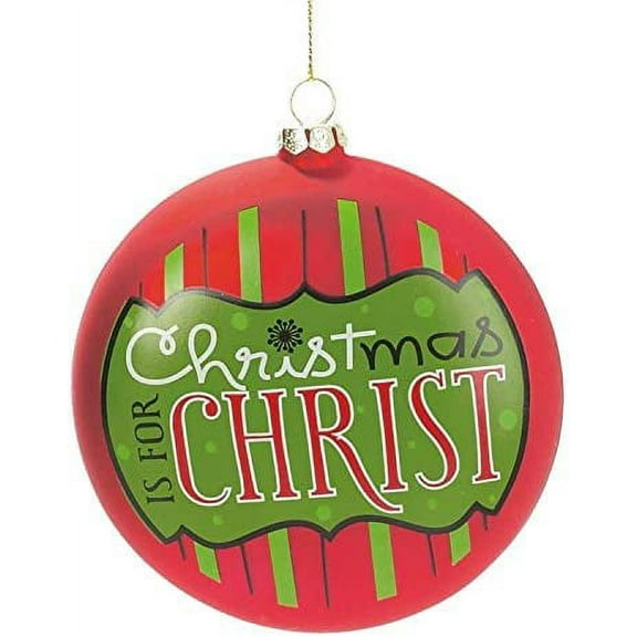 Large Glass Christmas Ornament - 4" Christmas Is for Christ in Green and Red Stripes