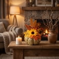 thumbnail image 5 of Artificial Glitter Pumpkin with Faux Dahlias and Autumn Leaves, 2026 Fall Thanksgiving Harvest Centerpiece, Farmhouse Tabletop Arrangement for Home Mantel Display, 5 of 6