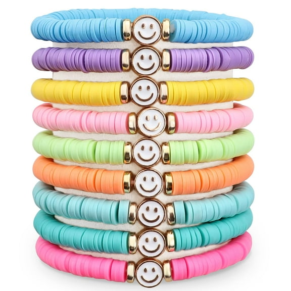 9PCS Colorful Smiley Friendship Beaded Stretch Bracelets Set, Cute Birthday Party Gift for Girl