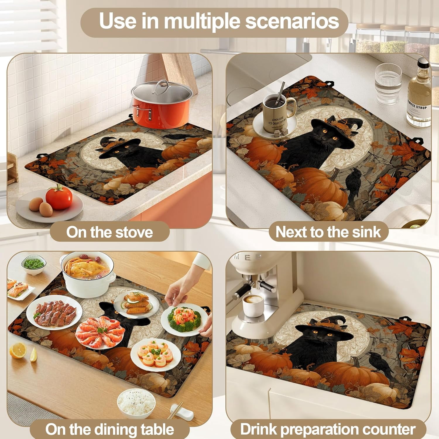 Stove Top Covers for Electric Stove,Halloween Black Cat Stove Top Protector Thick Rubber Dish Drying Mat for Kitchen Cooking Ceramic Countertop 28.5“ x 20.5“