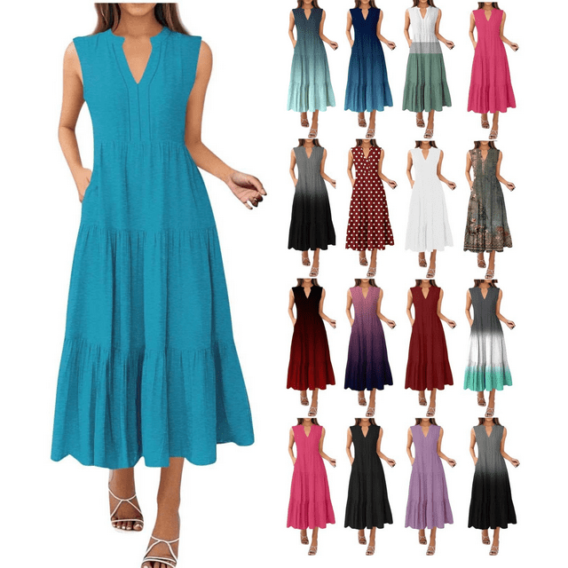 ZVAVZ Robes d'Été Femmes Décontractées, Robe Longue Plissée Sans Manches à Volants Col en V Couleur Unie avec Poche Bleu Ciel,S