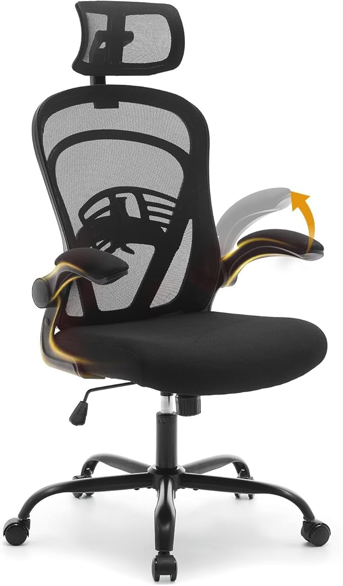 Ergonomic High-Back Mesh Office Chair – Adjustable Headrest & Flip-Up Armrests, Desk Chair with Wheels, 300 lbs Capacity for Home or Study, Black