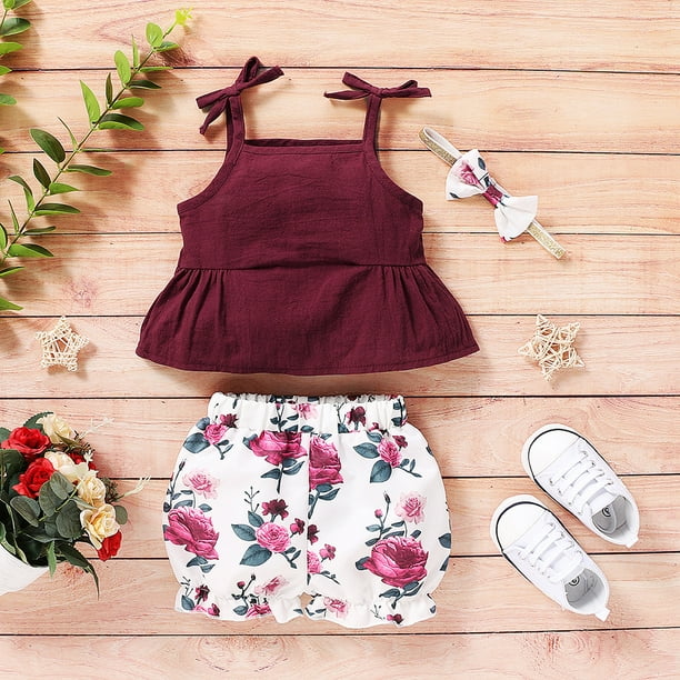 Girls Shirts Deals Kid Toddler Summer Clothes Summer Toddler Baby Girls Suspender Solid Vest Tops Floral Print Shorts Outfits Toddler Girl