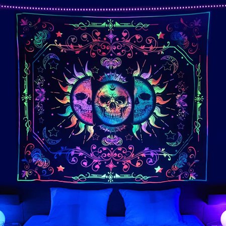 Tapisserie Murale Fluorescente Papillon Champignon Crâne Lune – Glow UV 150x130cm