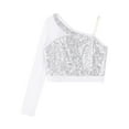 thumbnail image 3 of Kaerm Kids Girls One Shoulder Long Sleeve Sequin Crop Top Athletic Shirts Mesh Hip-hop Jazz Dance Top Silver 14, 3 of 5
