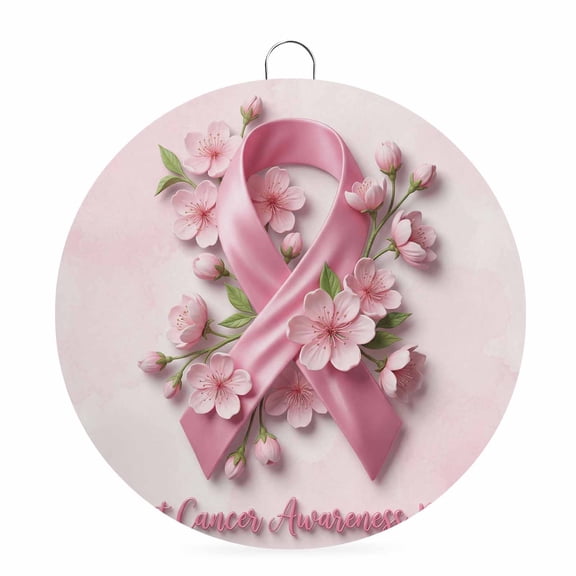 Welcome Sign Front Door Decorations, Pink String Round Wall Art Outdoor Metal Wreaths, Spring Chic Flowers Breast Cancer Awareness Seasonal Hanging Sign for Home Porch Decor Warming Gift 6 In