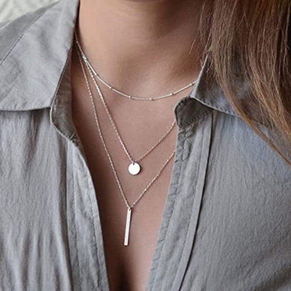 Multilayer Necklace 3 Tier Pendant Long Chain Women Accessories(silver)