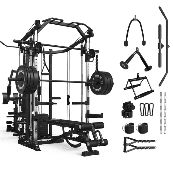 Mikolo Smith Machine Power Cage, Multi-Function Home Gym System with Cable Crossover, 121LB Weight Stack