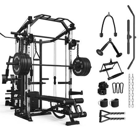 Mikolo Smith Machine Power Cage, Multi-Function Home Gym System with Cable Crossover, 121LB Weight Stack