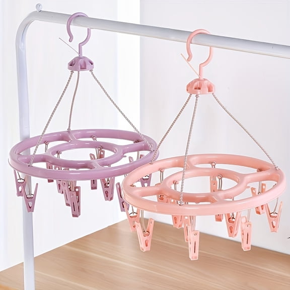 12-Clip Round Plastic Drying Rack for Underwear & Socks, 360° Windproof, Gray - Multifunctional Clothes Hanger & Storage