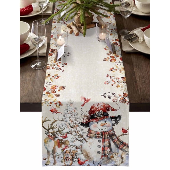 ERUNPONLY Christmas Snowman Table Runner - 36 Inch Long Xmas Elk Tree Snowflake Botanical Rustic Cotton Linen Blended Dress Scarves Farmhouse Table Runner for Kitchen Dining, Coffee Table, 13"x36"