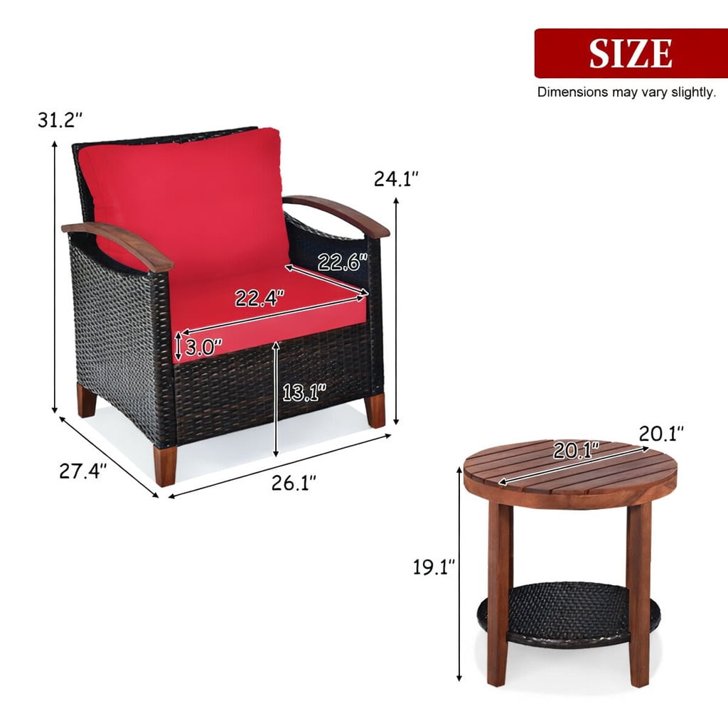 Hommoo 3-Piece Outdoor Rattan Patio Furniture Set with Washable Cushions & Acacia Wood Table, Red