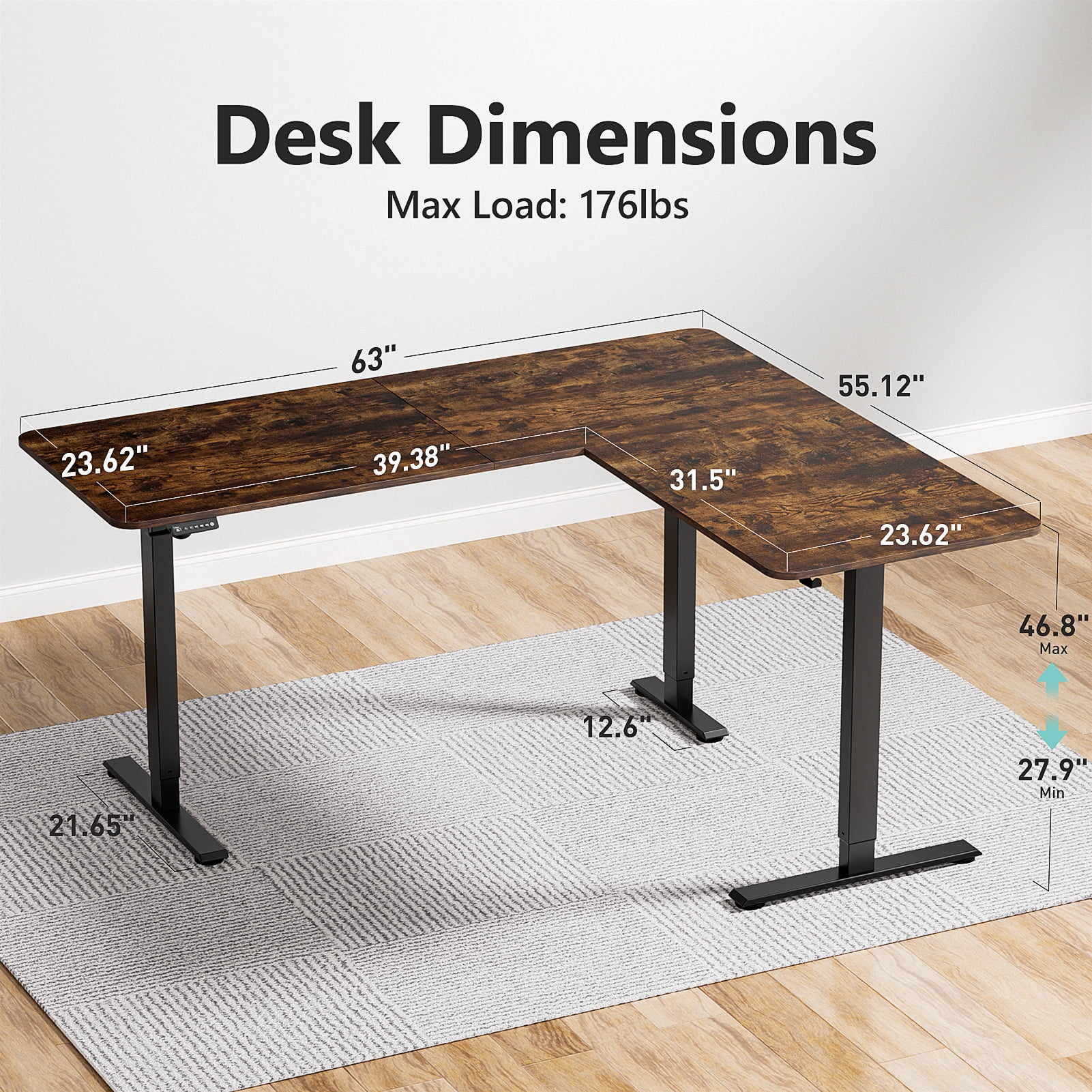 VVENACE 63 x 55 inch L Shaped Electric Standing Desk Stand up Desk Corner Computer Workstation for Home, Room, Office, Brown, 3 Split Boards
