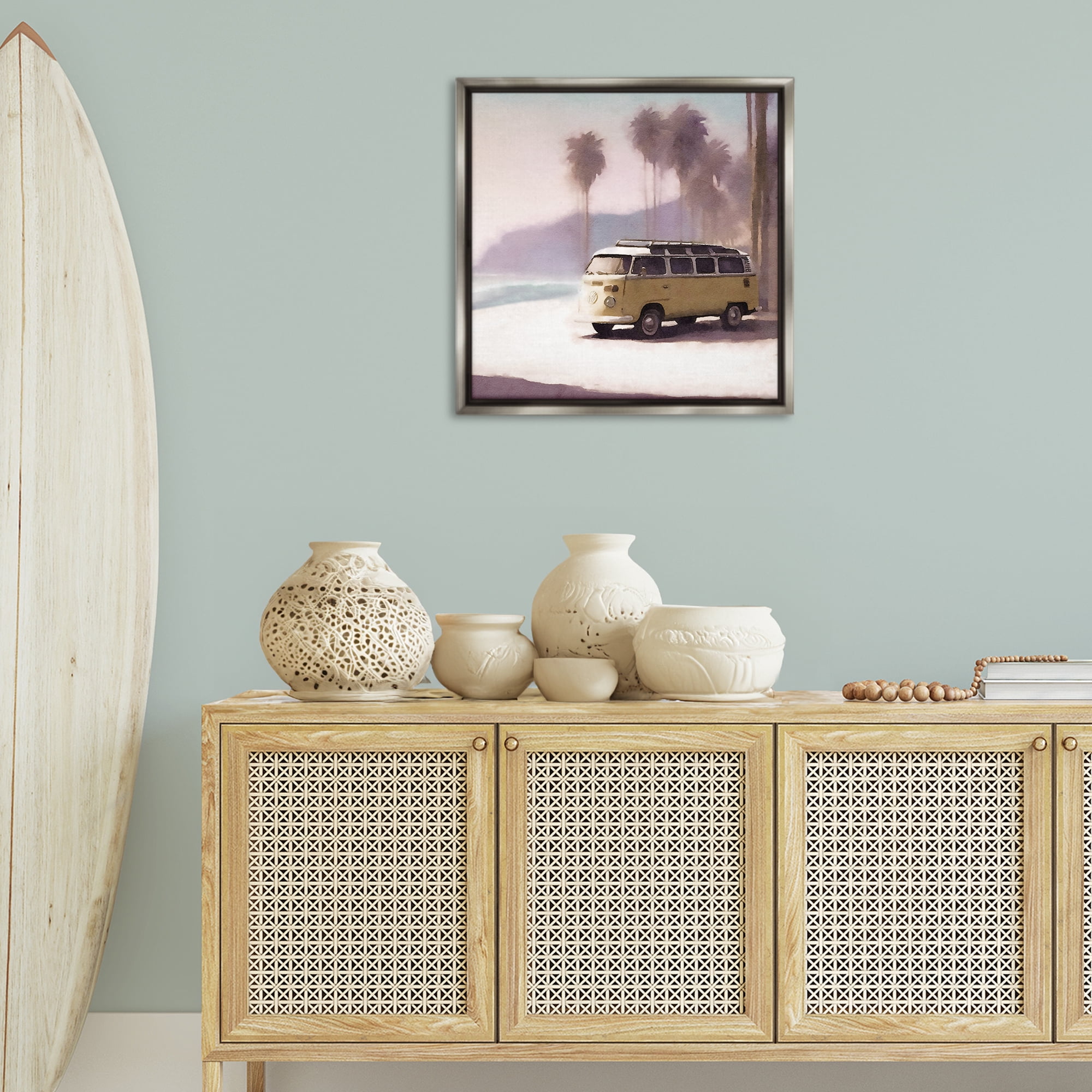 Stupell Industries Yellow Van on Beach Nautical & Beach Painting Gray Floater Framed Canvas Art Print Wall Art, 25 x 25