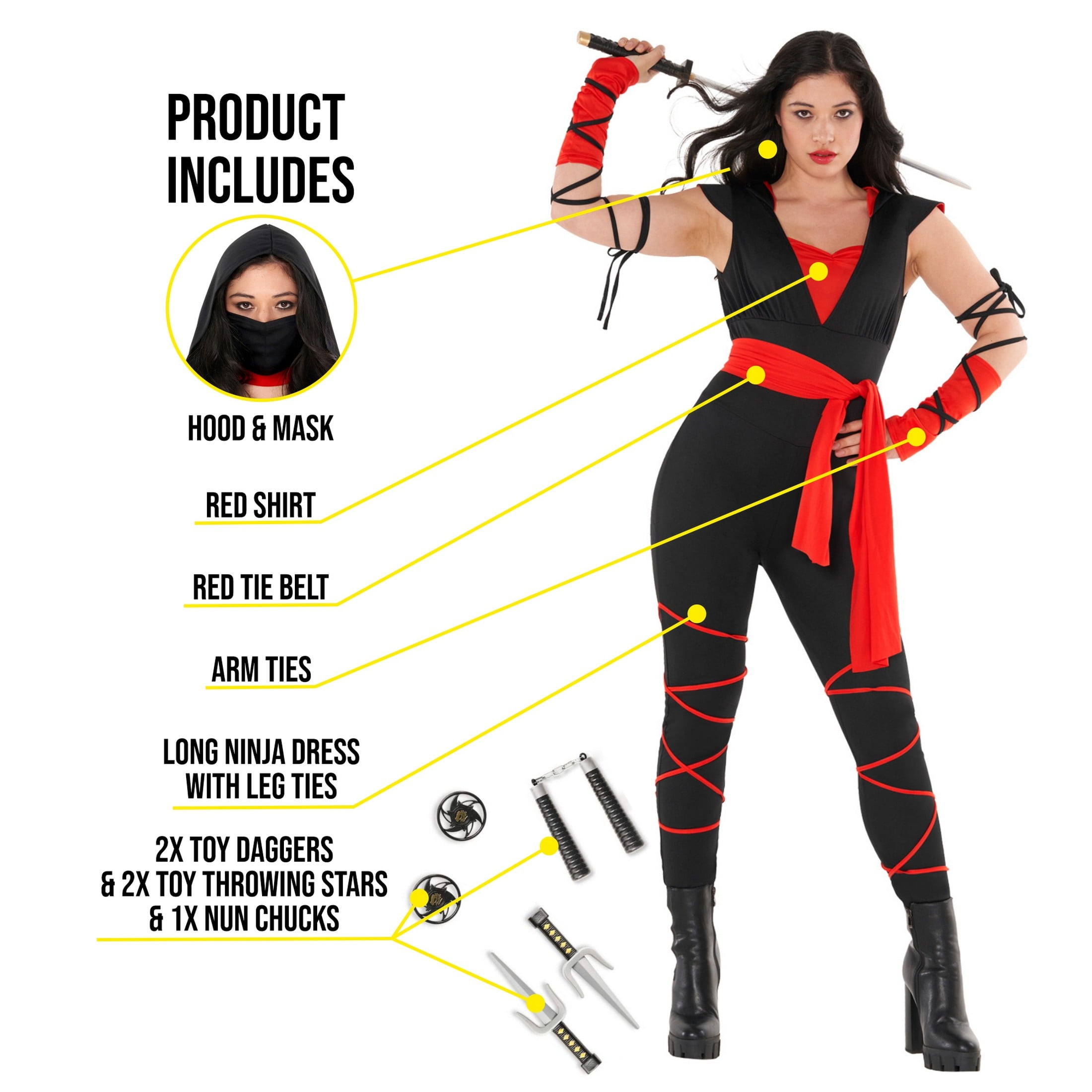 Morph Womens Black Red Ninja Costume Ladies Warrior Halloween