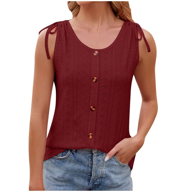 FAIWAD Summer Tank Tops for Women Sleeveless Drawstring Shoulder Tops Casual Button Front Camisoles Blouses