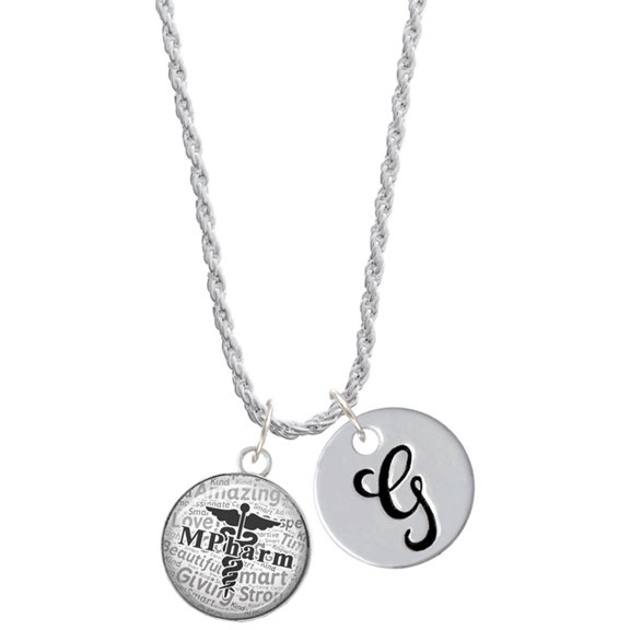 Delight Jewelry Silvertone Domed Black MPharm Silvertone Script Initial Disc - G - Charm Necklace, 20"+3"