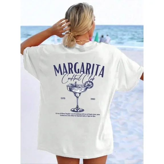 Women's Letter Graphic Shirt - Quirky Drink-Inspired Design - 100% Cotton Crew Neck Tops for Casual Outings & Beach Wear