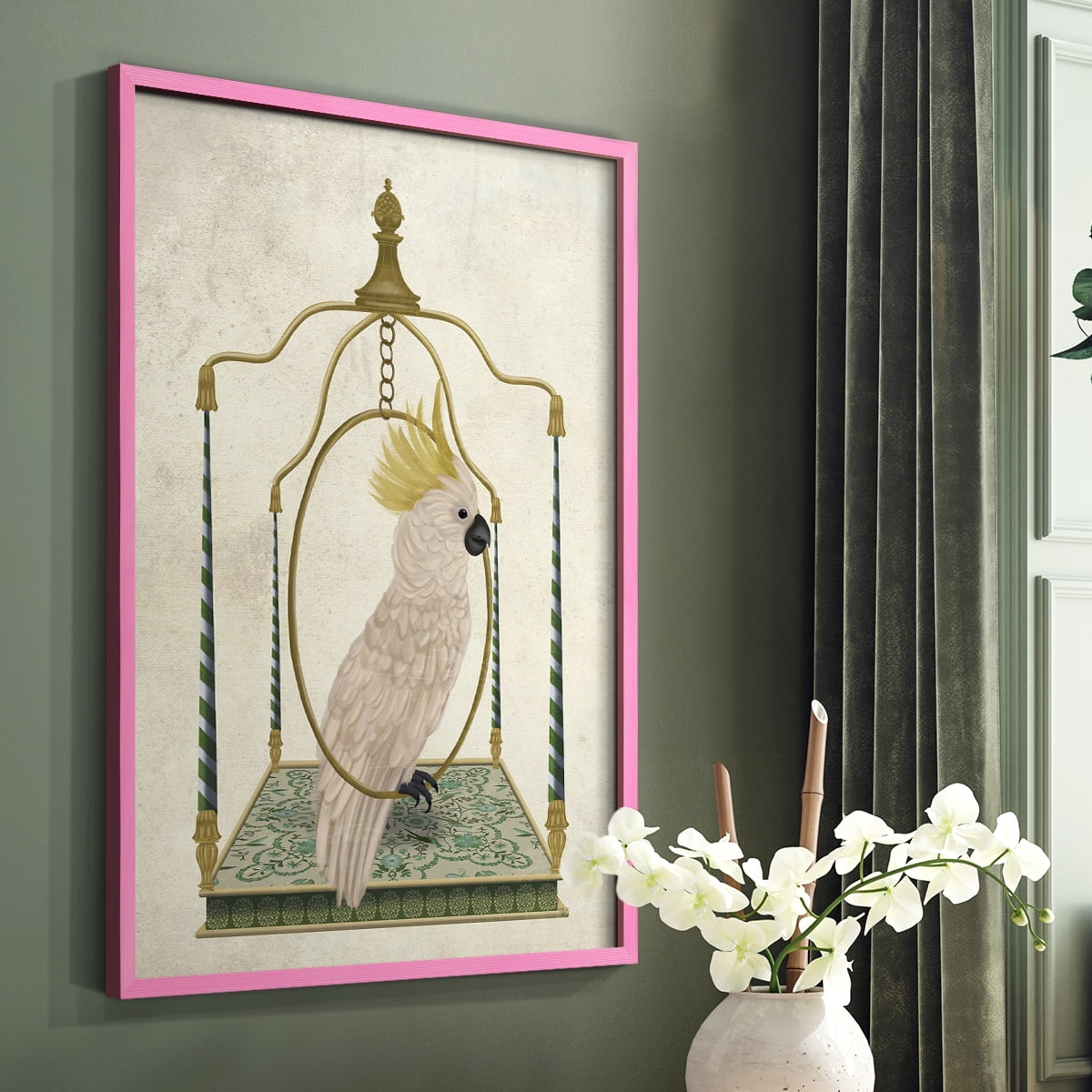 White Cockatoo on Swing Framed Print in Pink Solid Wood 11 x 14 Framed Print