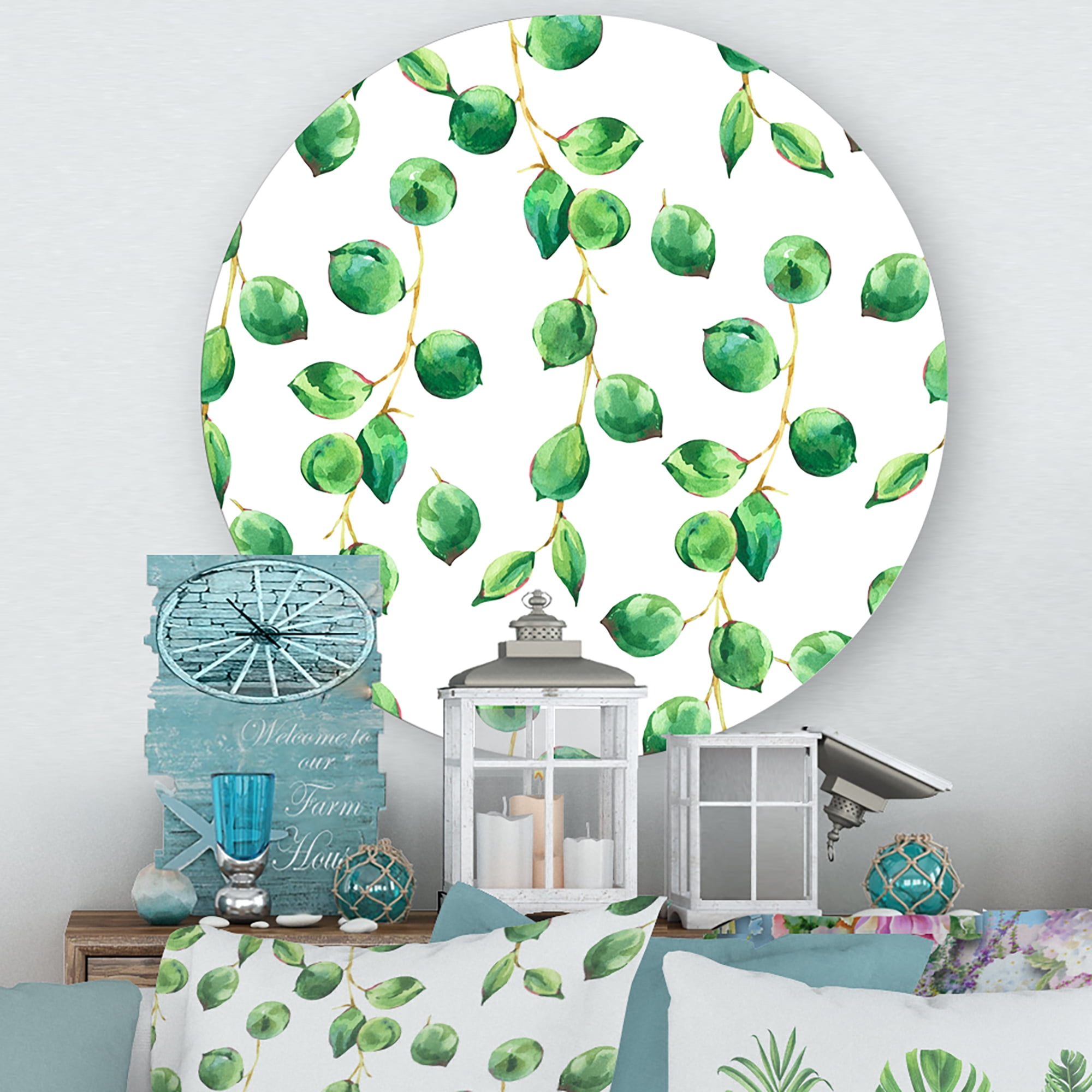Designart 'Tropical Green Leaves Patern On White' Tropical Circle Metal Wall Art 23x23 - Disc of 23