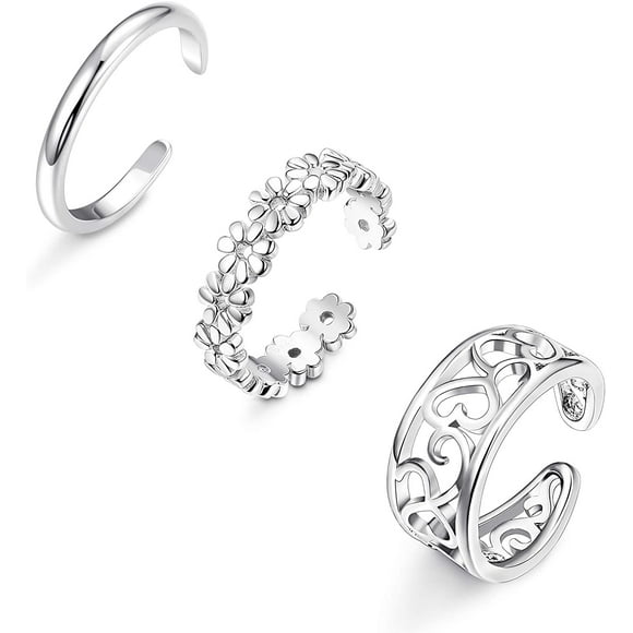 ORAZI3 Pcs Bagues d'Orteils en Argent Sterling pour Femmes Hommes Fleur Ouverte Bague d'Orteil Simple Ensemble de Bagues Ajustables