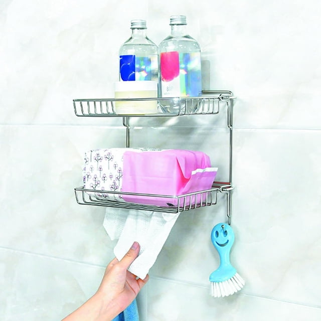 Estante de acero inoxidable para baño con ganchos, estante de almacenamiento plegable, artículos de tocador, estante sin perforaciones para el hogar