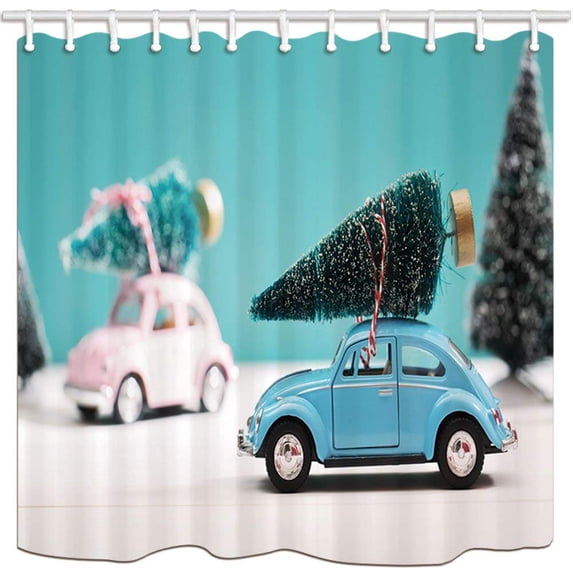 WOPOP New Year The Roof Of The Car Is Placed On Christmas Tree Polyester Fabric Bathroom Shower Curtain 66x72 inches