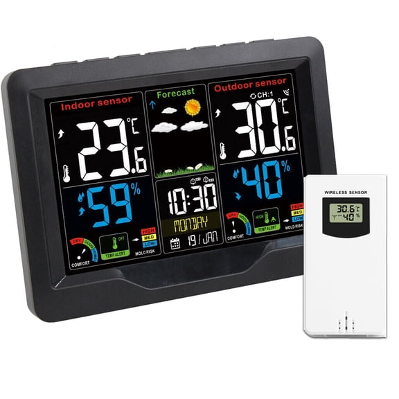 RVPOZWER Digital LCD Weather Station Clock Indoor & Outdoor Calendar Thermometer Wireless