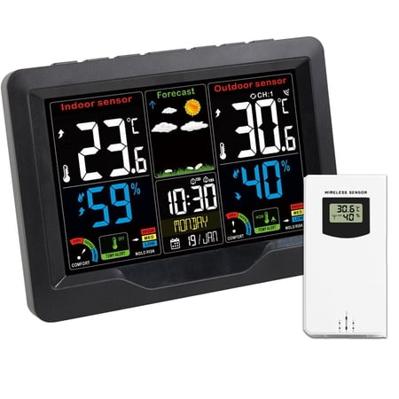 RVPOZWER Digital LCD Weather Station Clock Indoor & Outdoor Calendar Thermometer Wireless
