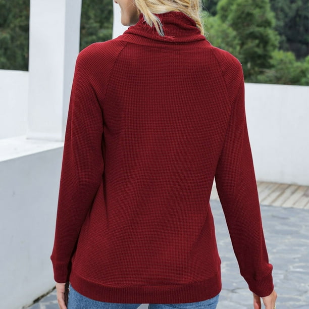 Womens Sweaters Clearance Women's Solid Color Long Sleeve Turtleneck  Sweater Top Pocket Knit Sweater Turtleneck Sweater Red XL JE