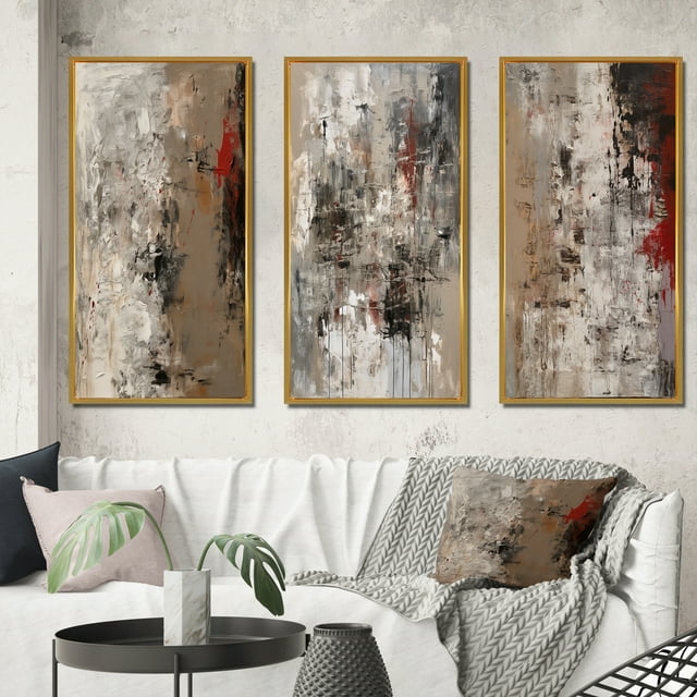 Designart "Fading Passion Retro Beige and Red Abstract II" Abstract Painting Framed Wall Art Set Of 3 - Red Modern Frame Gallery Wall Set For Home Decor