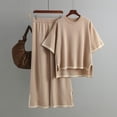 thumbnail image 3 of Wide Leg Pant Set Womens Sets 2 Piece Outfits Clothing Set Female Round Neck Short Sleeve Tops Pants Sets Long Pant Style S_351 Women's Tracksuits Khaki One Size, 3 of 9