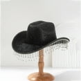 thumbnail image 2 of MEICHEN Cowboy Hat for Women Elegant Wide Brim Shiny Tassel Dating Hat Plain Sun Hat Black, 2 of 7