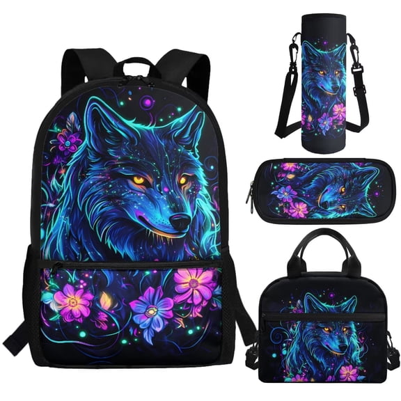 Jeiento Wolf School Backpack for Boys 17 Inch Bookbag with Lunch Bag Lightweight School Bag and Lunch Box for Boys 4 Pcs Purple Flower Book Bags for Kids Travel Rucksacks