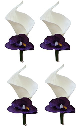 2pcs Wrist Corsage & Boutonniere Set Blue Purple Orchid & Off White Accents