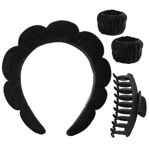 Spa Headband for Washing Face Wristband and Hair Clips 4Pcs Set, Face Wash Headbands for Women Girls (Black)