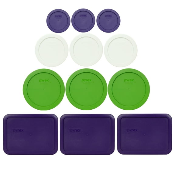 Pyrex (3) 7202-PC Plum Purple, (3) 7200-PC White, (3) 7201-PC Lawn Green, & (3) 7210-PC Plum Purple Plastic Lids