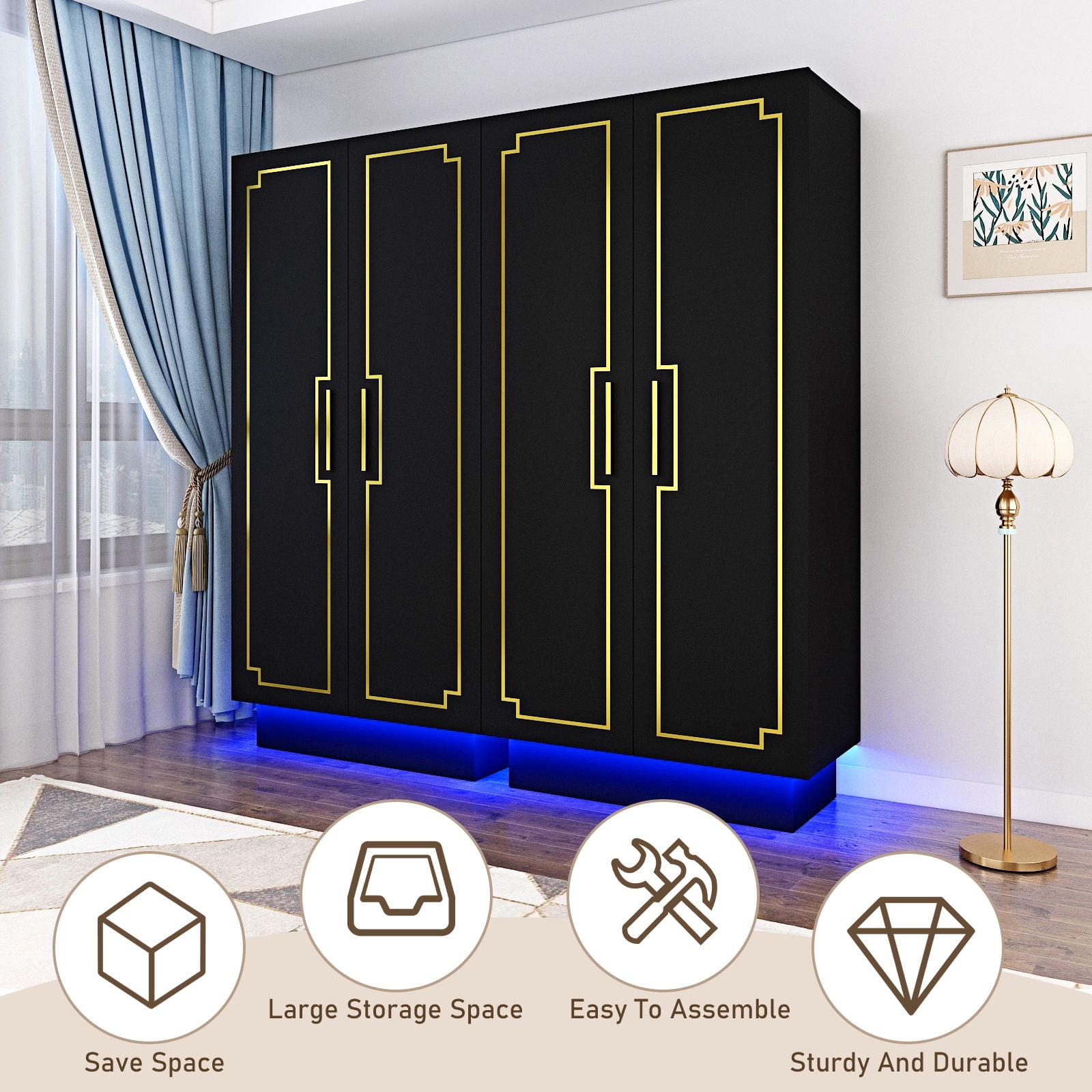 Blotout 70" Armoire Wardrobe Closet with LED Lights, Modern 2 Doors Adult Wood Closet Storage Cabinet with Hanging Rod&RGB LED 6000 Color Lights/5-Tier Storage Shelves